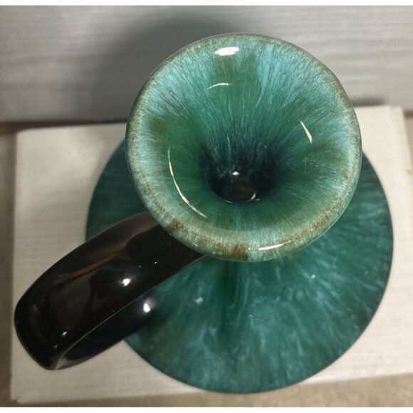 Blue Mountain Pottery Chamberstick Candle Holder Grn Drip Glaze 7" Tall MCM Vtg - Picture 4 of 8